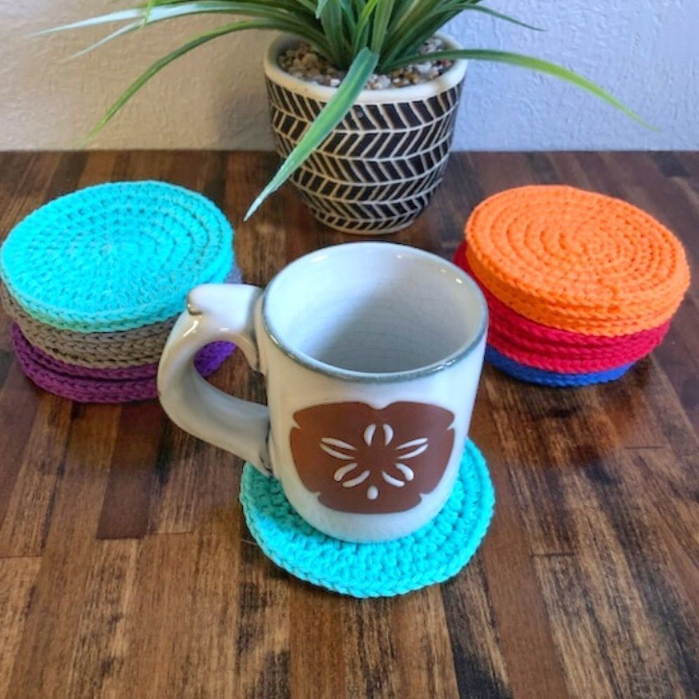 Hand Crafted Crochet Table Coasters Red One Set of 4 - Picture 2 of 7